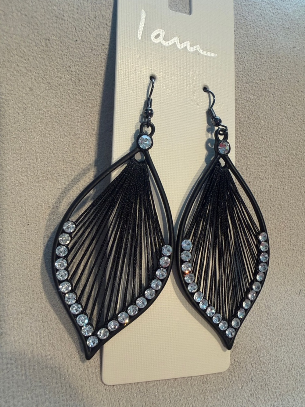 Black Teardrop Threaded Fringe Earrings with Clear Crystals